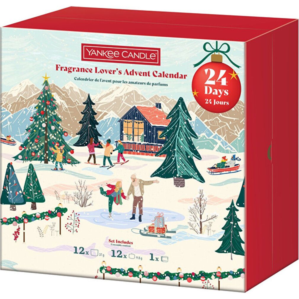 Adventskalender mit Winterlandschaft. Roter Karton mit Aufdruck. Enthält 24 Tage. Marke: Yankee Candle.