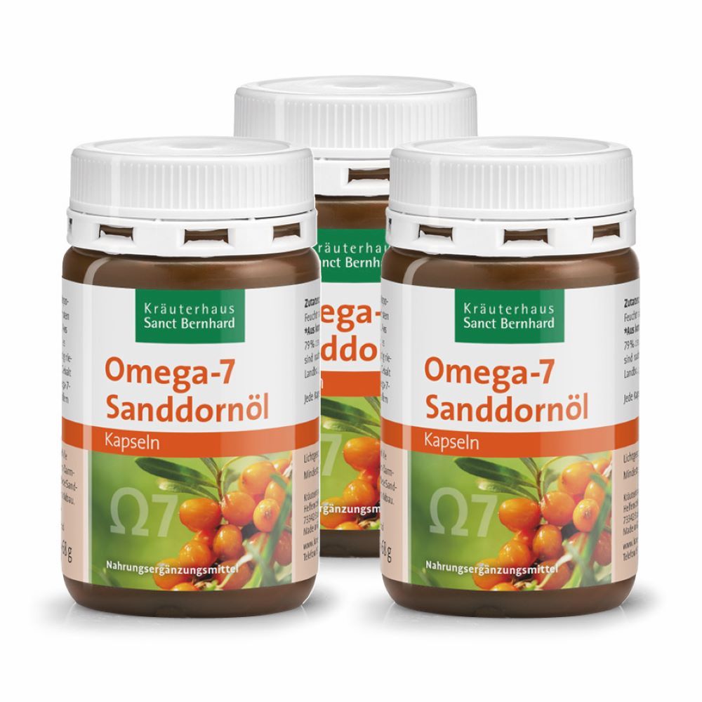 Drei braune Dosen mit weißen Deckeln. Aufschrift: Omega-7 Sanddornöl Kapseln. Kräuterhaus Sanct Bernhard Logo.