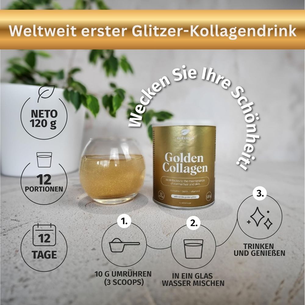 Glas mit goldfarbenem Getränk, Dose Golden Collagen. 12 Portionen, 12 Tage. 10g Pulver in Wasser mischen.