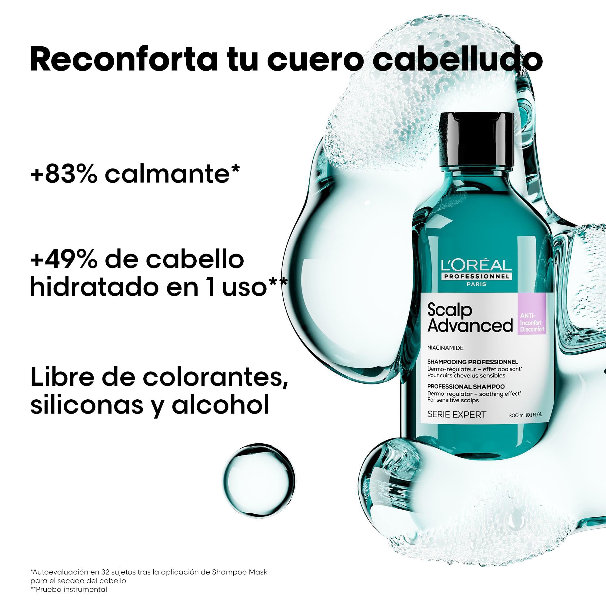 Türkisgrüne Flasche mit schwarzem Deckel. Text: L'Oréal Professionnel Scalp Advanced. Zusätzliche Textinformationen und Schaum-Effekt.
