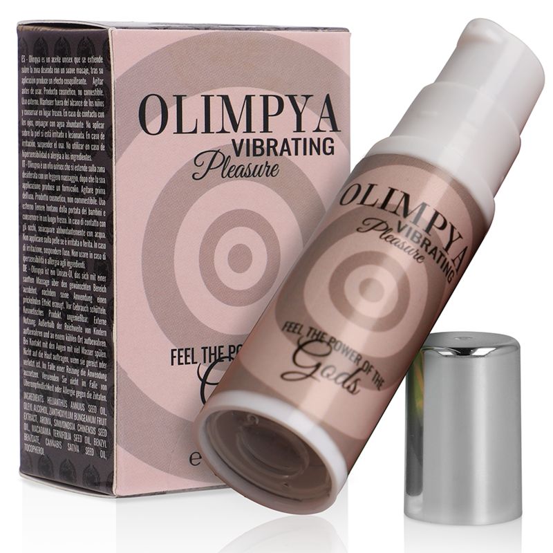 Produktflasche und Verpackung. Aufschrift: Olimpya Vibrating Pleasure. Text: Feel the power of the Gods. Verpackung mit Text und Inhaltsangaben.