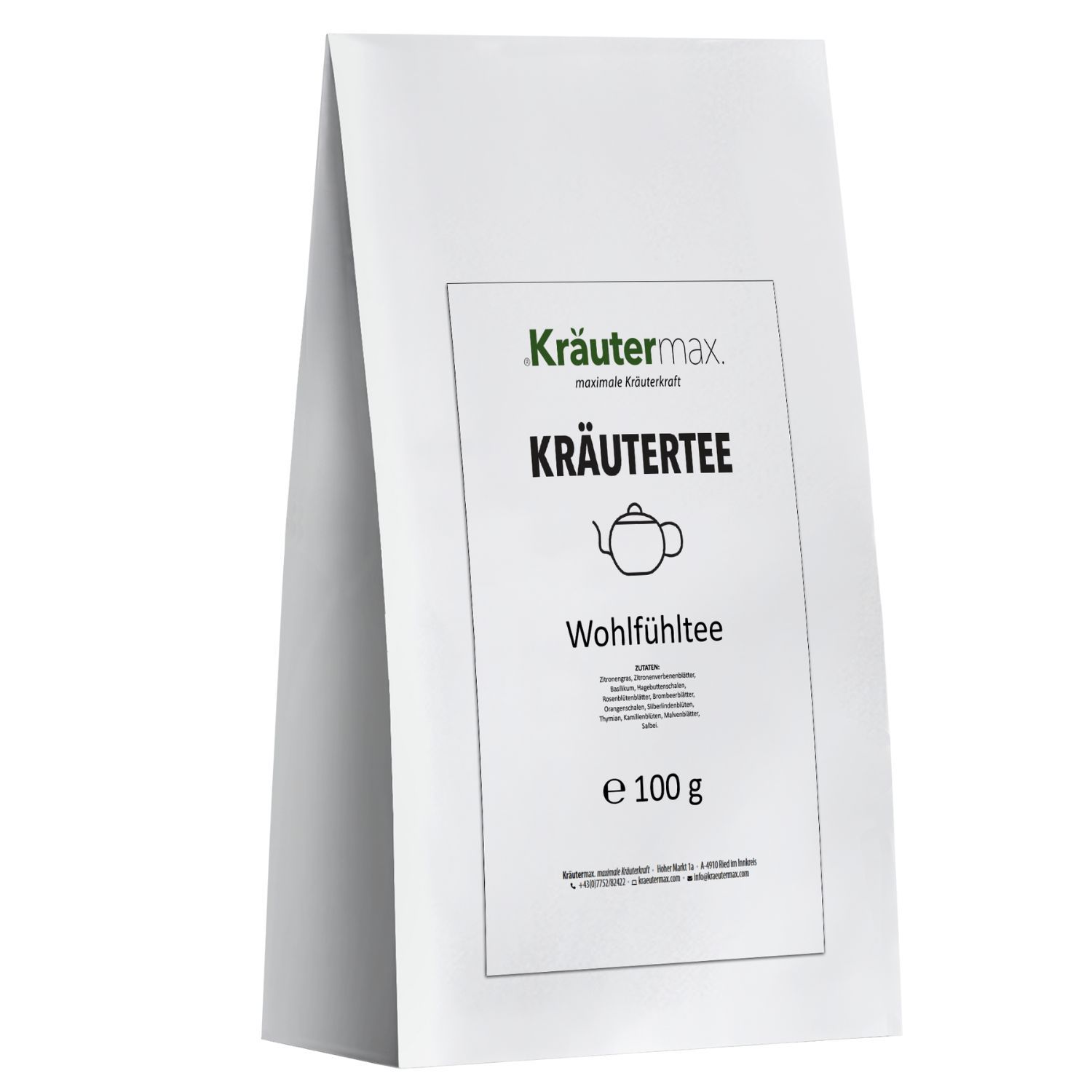 Kräutermax Wohlfühltee-Verpackung. Weißer Beutel mit Logo, Text: Kräutertee, Teekannen-Illustration, Wohlfühltee, e 100 g.