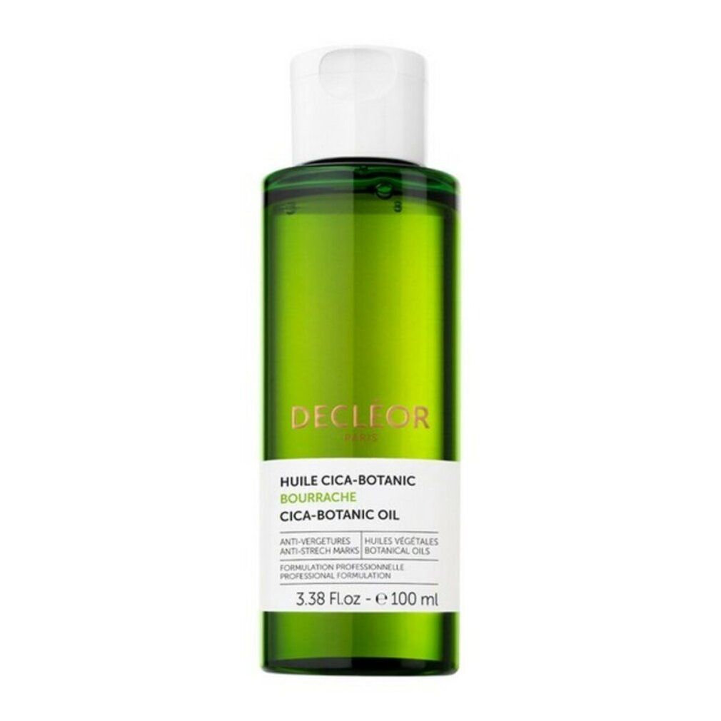 Grüne Glasflasche mit weißem Deckel. Etikett mit Produktnamen und Text. Enthält 100 ml. Marke Decleor.
