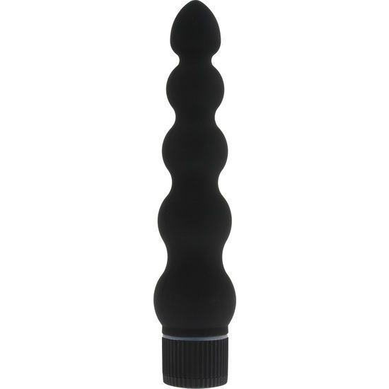 Schwarzer, gerippter Vibrator mit kugelförmigem Ende, Teil des Toyjoy Sets.