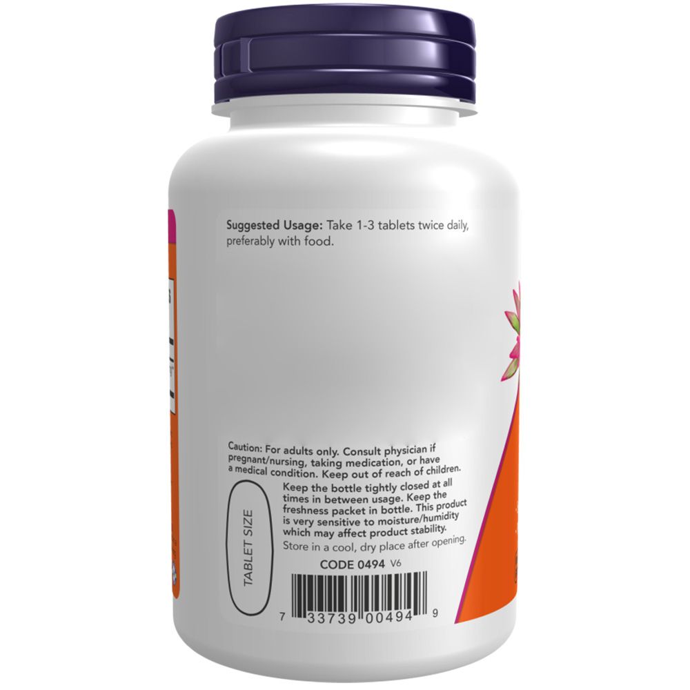 Rückseite einer weißen Flasche mit lila Deckel. Aufkleber mit Produktinformationen, darunter 'Tablet Size' und Barcode. Orangefarbener Hintergrund.