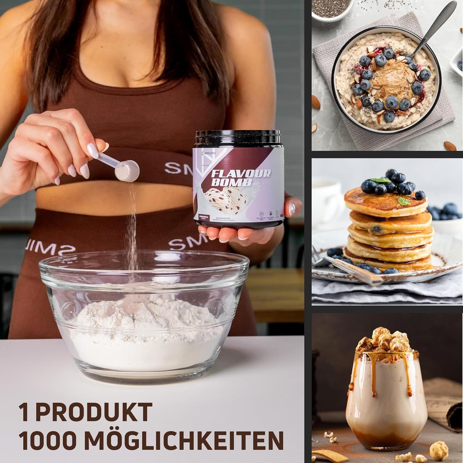 Frau mischt Pulver in Schüssel. Daneben verschiedene Gerichte. Dose mit FLAVOUR BOMB. Text: 1 PRODUKT 1000 MÖGLICHKEITEN.