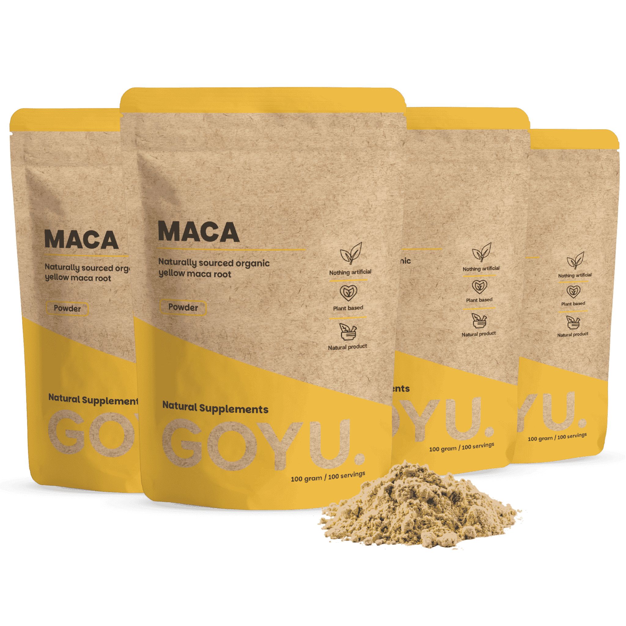 Vier Packungen GOYU Gelbe Maca Pulver in braunen Standbodenbeuteln mit gelbem Akzent. 100g.