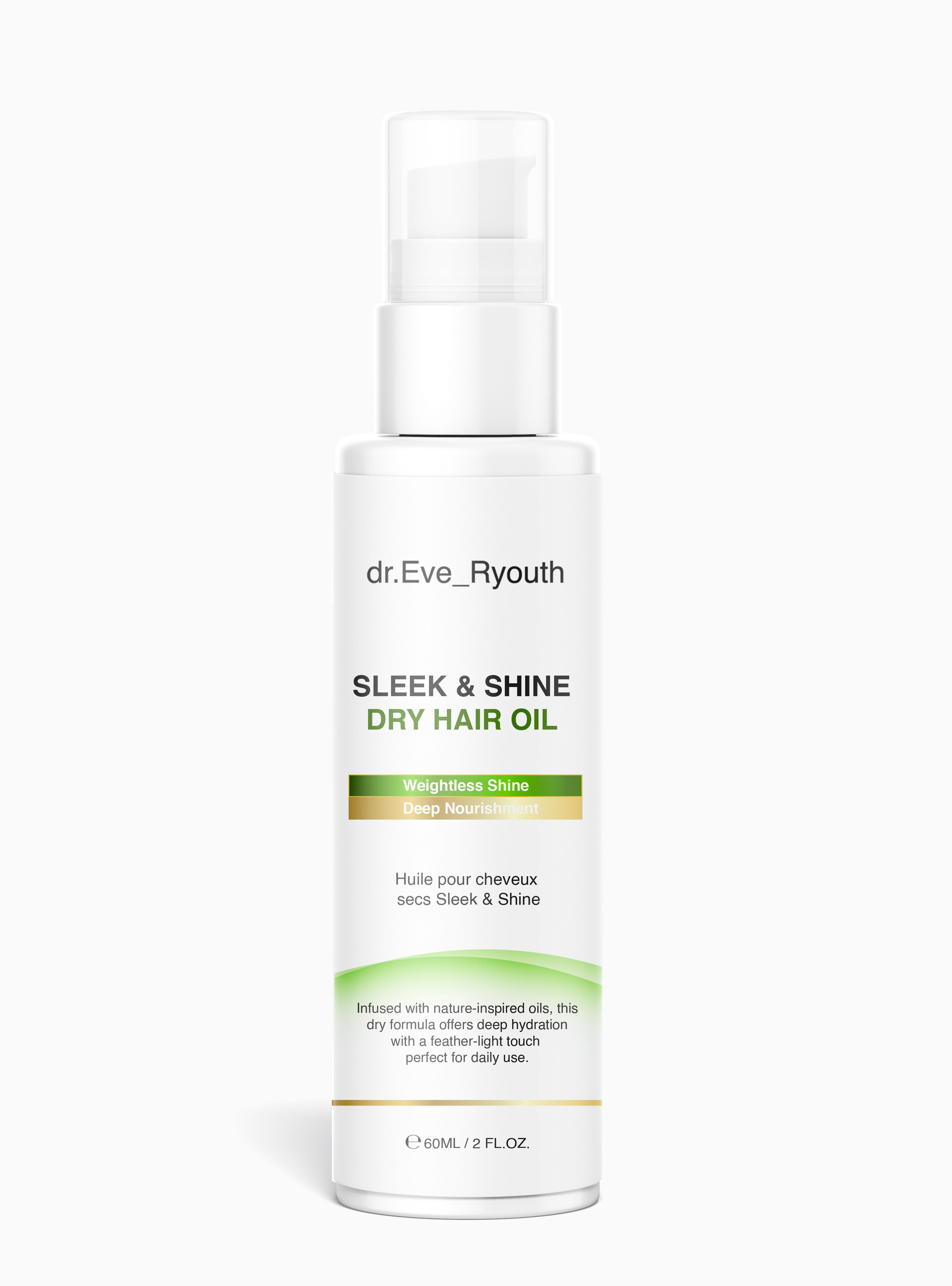 Eine weiße Flasche Sleek & Shine Trockenöl für Haare von dr. Eve_Ryouth auf weißem Hintergrund.