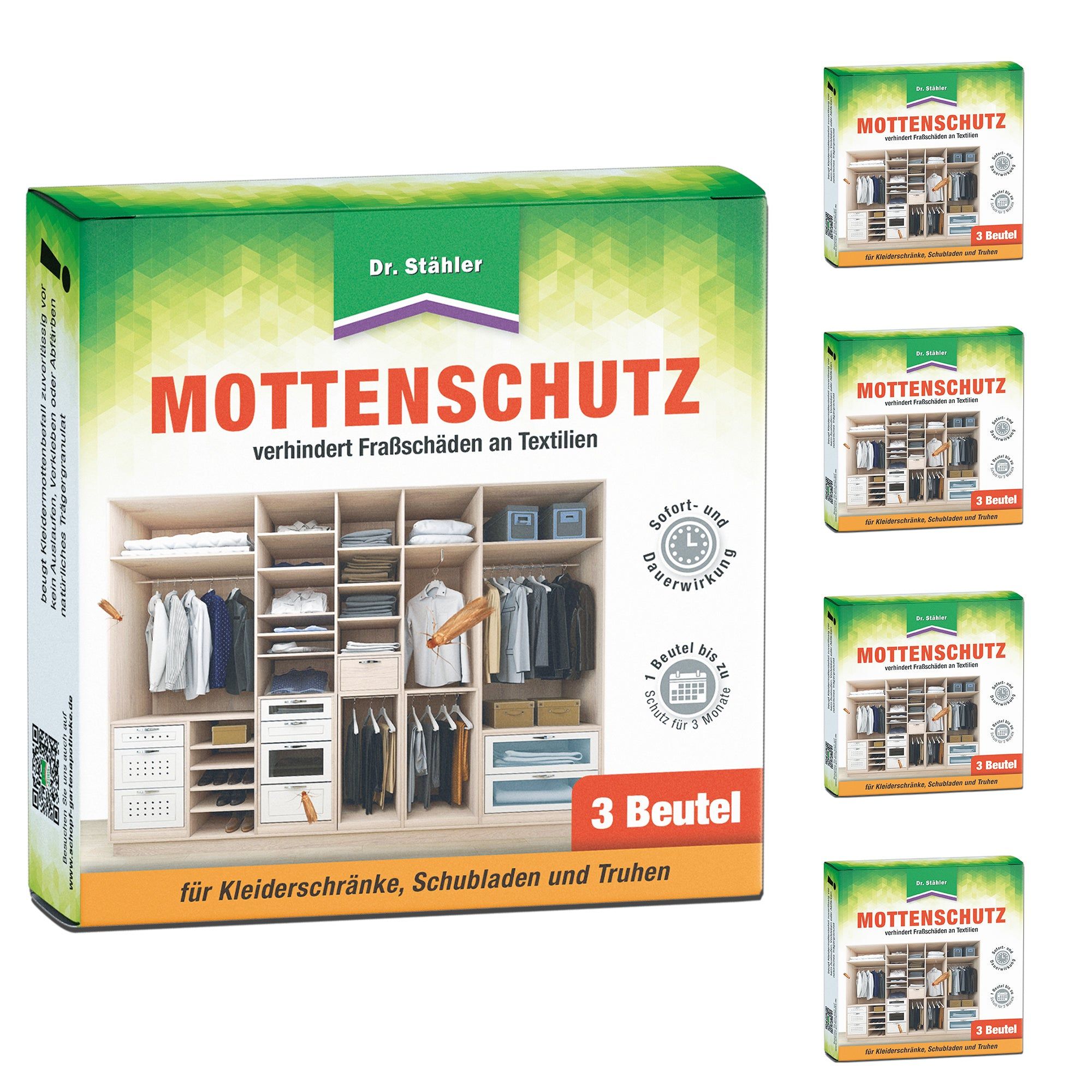 Verpackung mit 3 Duftbeuteln. Aufdruck: Mottenschutz, verhindert Fraßschäden an Textilien. Für Kleiderschränke, Schubladen und Truhen.