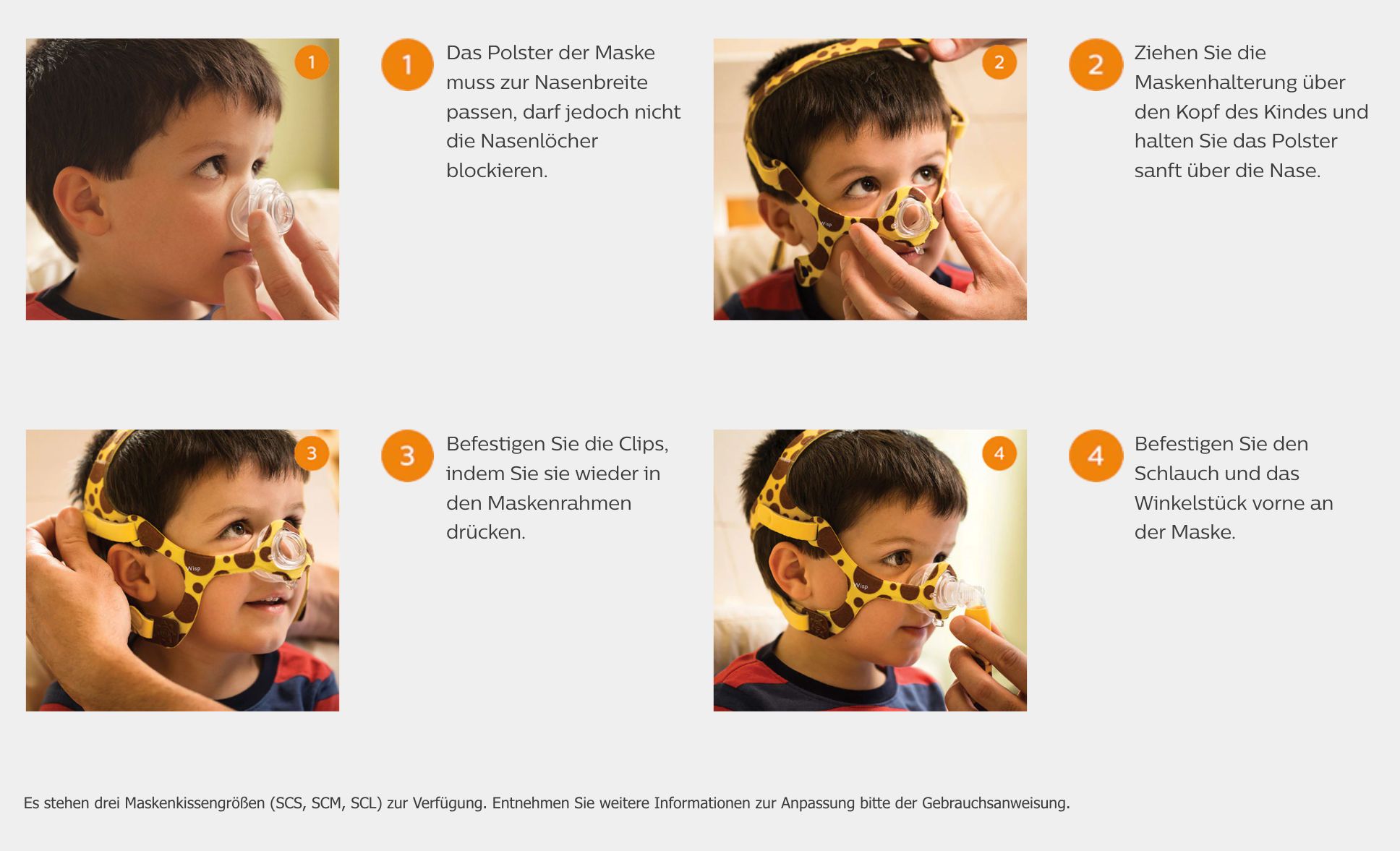 Anleitung zur Anwendung einer Kinder-Nasenmaske mit Giraffenmuster.