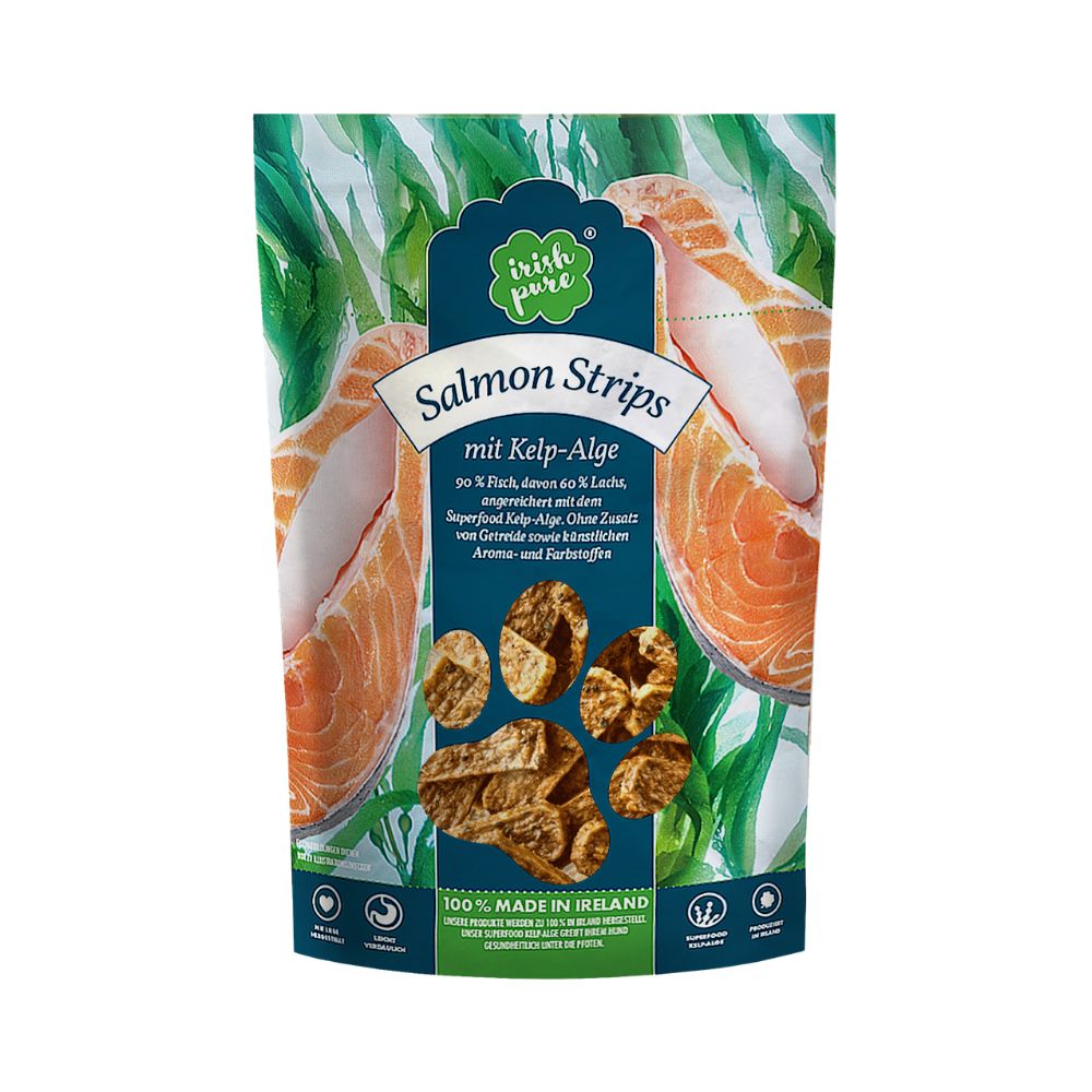 Verpackung von Irish Pure Salmon Strips mit Kelp-Alge, 90% Lachs, 40% Lachs.