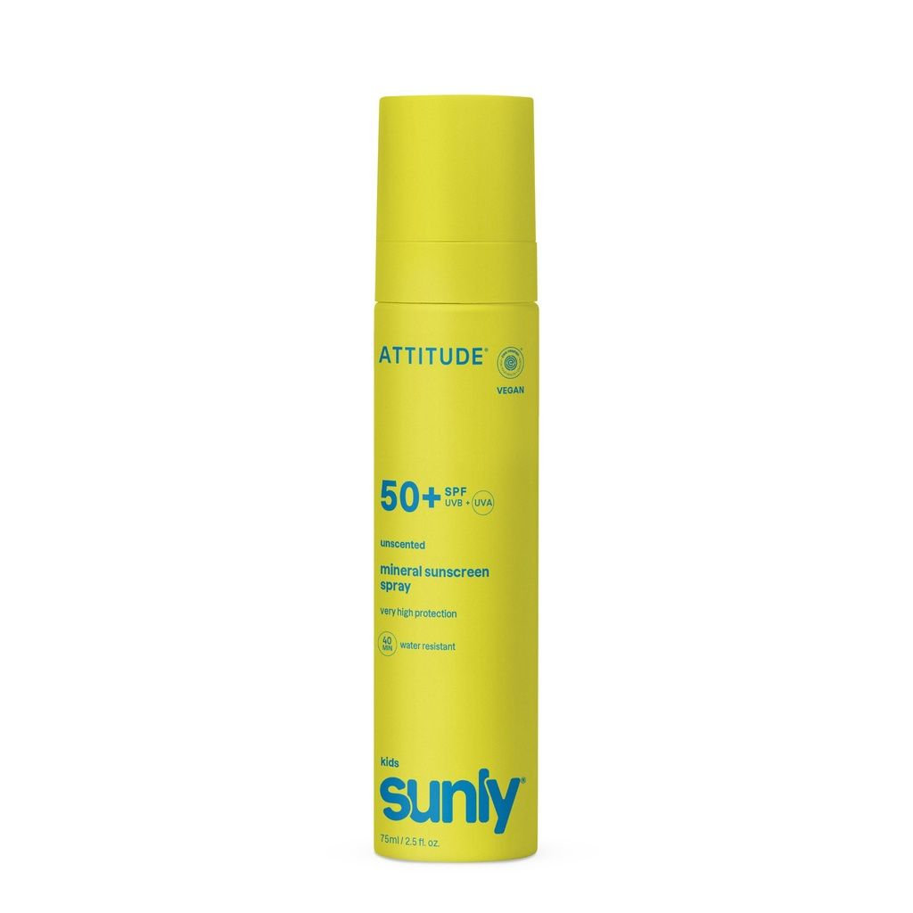 Gelbe Sprühflasche mit Sonnenschutzmittel für Kinder, SPF 50+, ohne Duft.