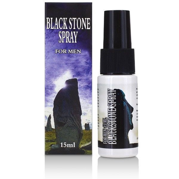 Sprayflasche und Schachtel. Aufschrift: Black Stone Spray For Men. Flasche mit Sprühkopf. Schachtel mit Landschaftsmotiv.