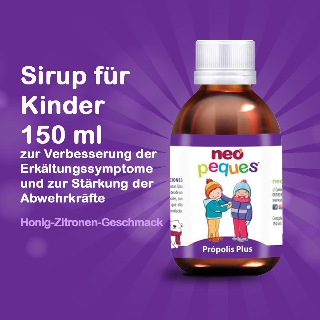 Braune Flasche mit weißem Deckel. Etikett mit Produktnamen und Illustration von Kindern. Text: Sirup für Kinder, 150 ml, Honig-Zitronen-Geschmack.