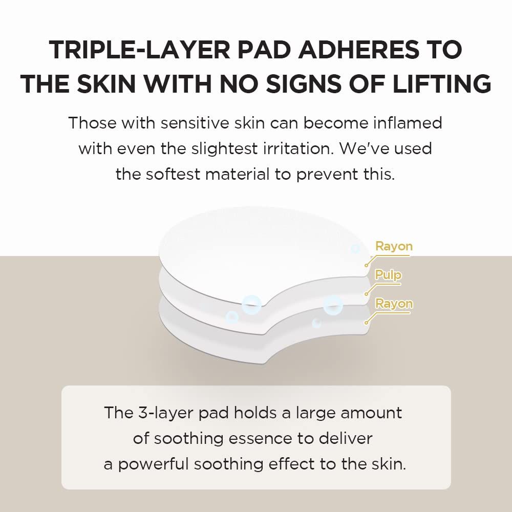 Drei Pads übereinander. Text: Triple-Layer Pad haftet an der Haut. Material: Rayon, Pulp. Die Pads enthalten beruhigende Essenz.