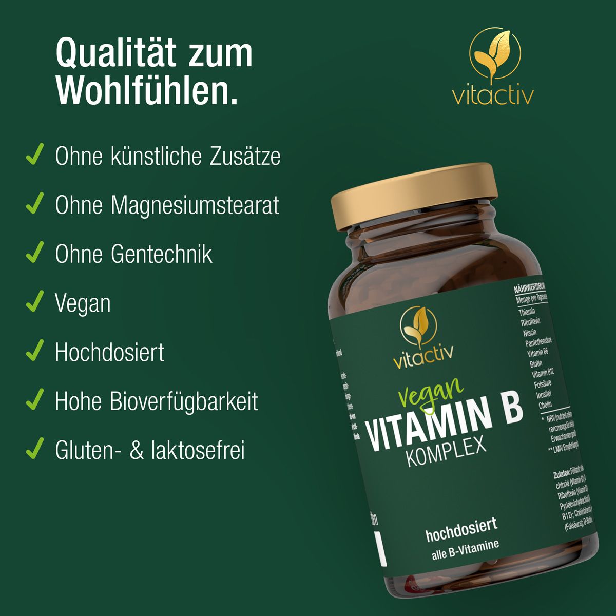 Vitactiv Vegan Vitamin B Komplex Flasche mit Liste von Vorteilen.