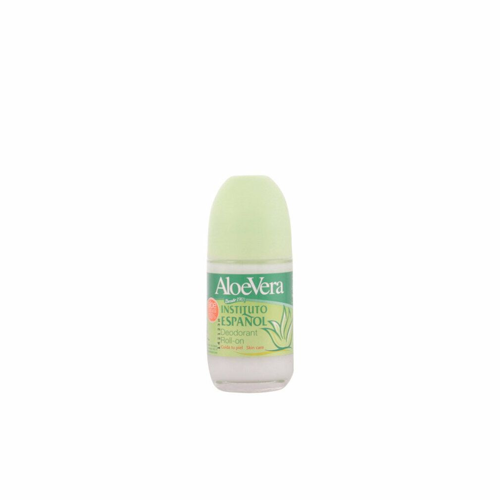 Instituto Español Aloe Vera Deodorant Roll-on. Grüner Verschluss, transparente Flasche mit rosa Inhalt.