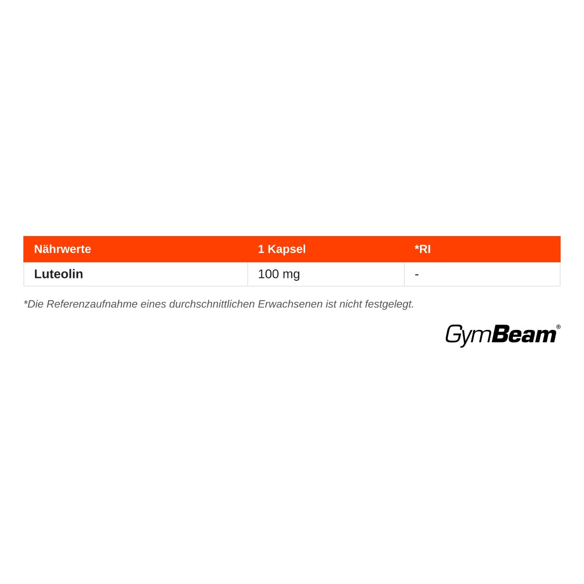 Nährwertangaben für Luteolin: 100 mg pro Kapsel. GymBeam Logo.