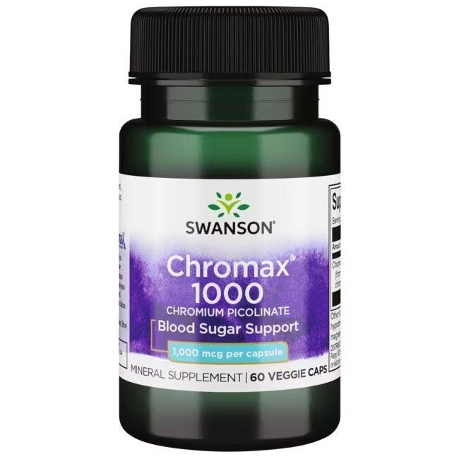 Grüne Flasche mit schwarzem Deckel. Aufschrift: SWANSON Chromax 1000, Chrom Picolinat, 60 Veggie Caps.