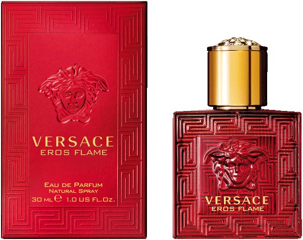 Roter Flakon und Verpackung. Goldener Deckel. Aufschrift: Versace Eros Flame. 30 ml.