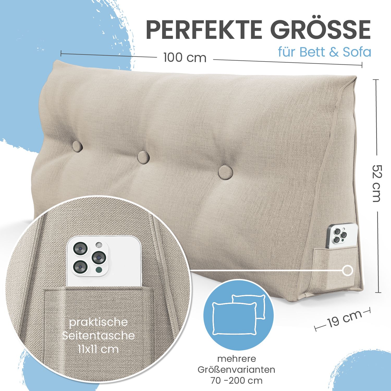 Beigefarbenes Stützkissen mit drei Knöpfen. Abmessungen: 100x52x19 cm. Smartphone in der Seitentasche. Text: Perfekte Größe.