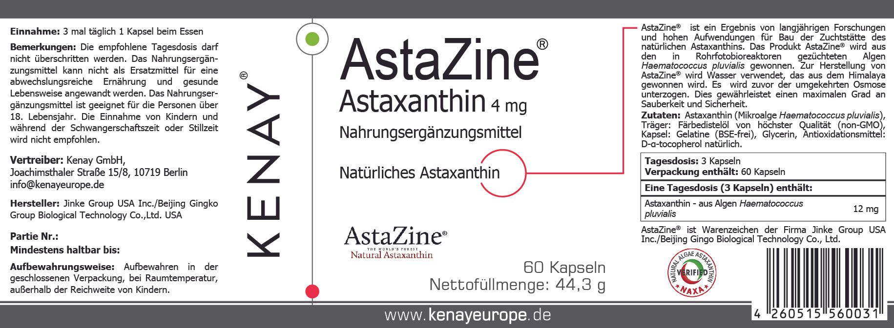 Etikett mit Produktnamen AstaZine Astaxanthin 4 mg, 60 Kapseln. Natürliches Astaxanthin. Marke KENAY.
