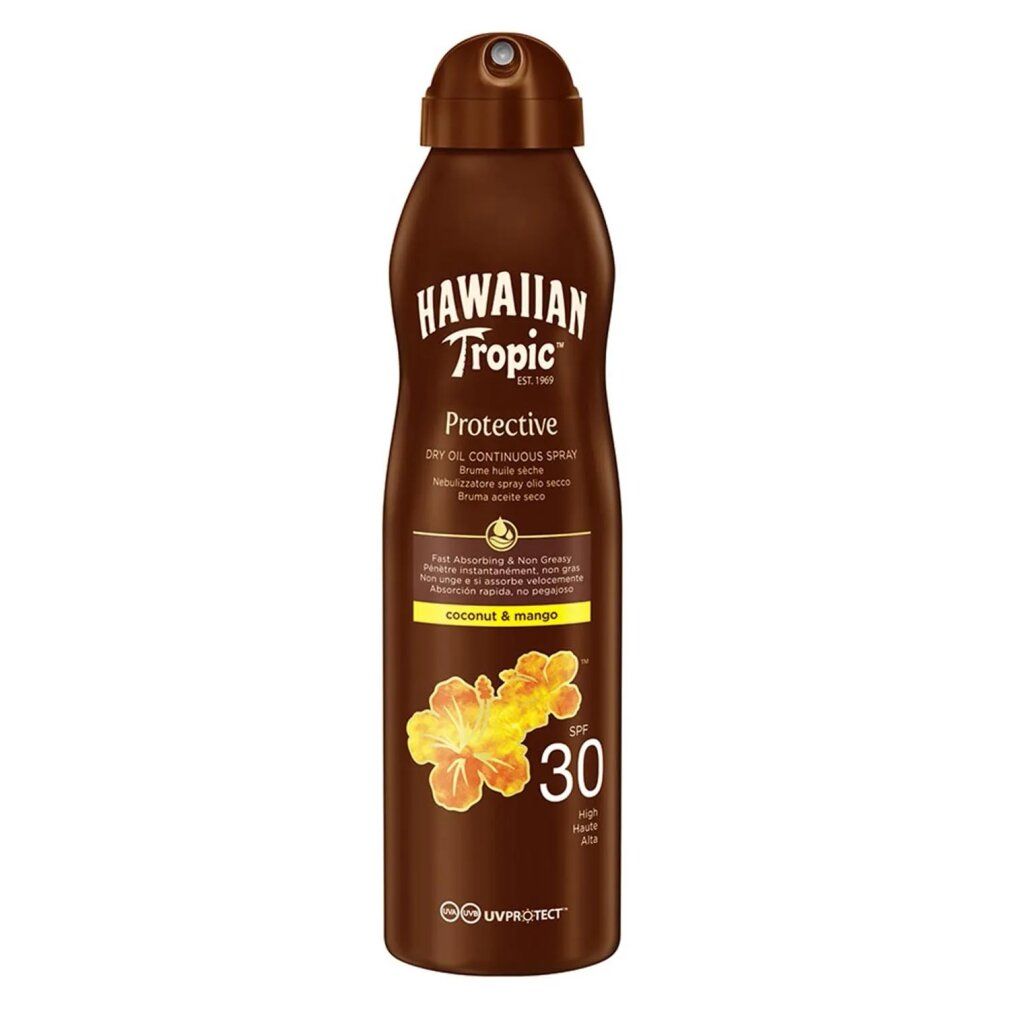 Braune Sprühflasche mit Aufschrift Hawaiian Tropic Protective. Kokosnuss- und Mango-Motiv. SPF 30.