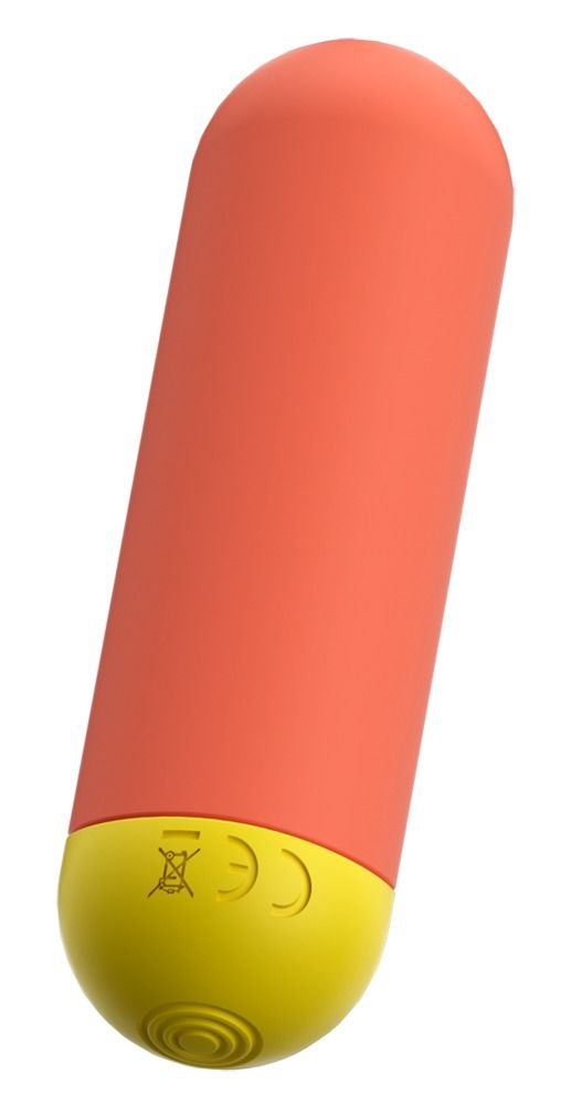 Orangefarbener Mini-Vibrator mit gelbem Ende. CE-Kennzeichnung. Zylindrische Form.