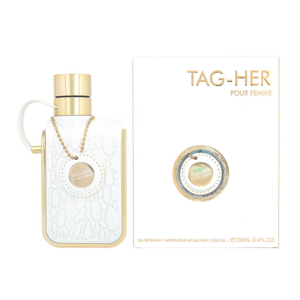 Parfümflakon und Verpackung. Weißes Gehäuse mit goldenen Akzenten. Aufschrift: TAG-HER POUR FEMME.