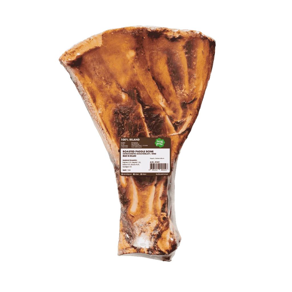 Verpackter Rinderknochen mit Etikett 'ROASTED PADDLE BONE'.
