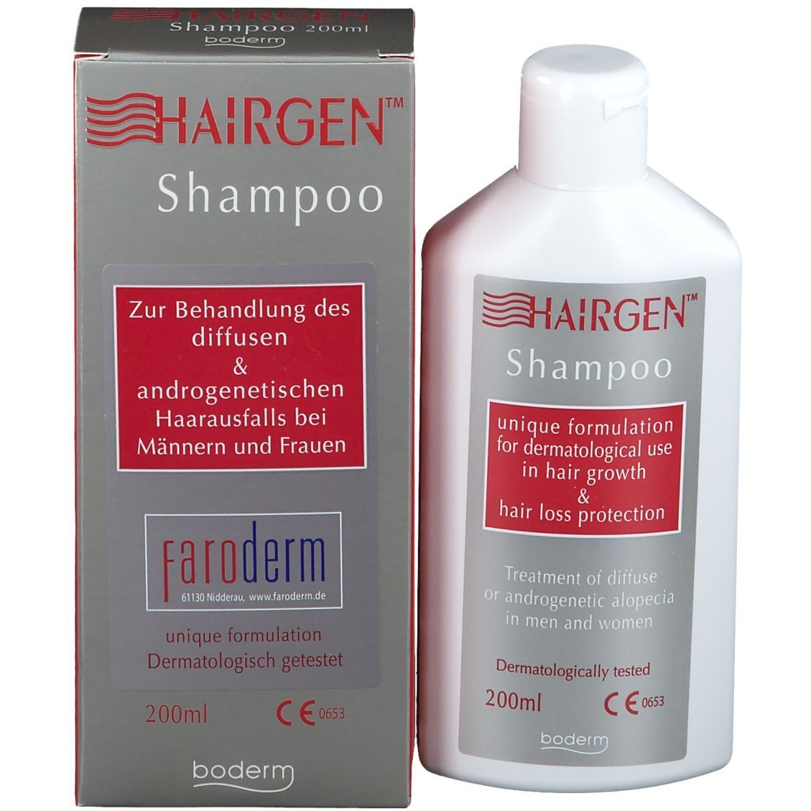 HAIRGEN Shampoo und Verpackung. Weiße Flasche und graue Schachtel. Text auf beiden. Dermatologisch getestet. 200ml.