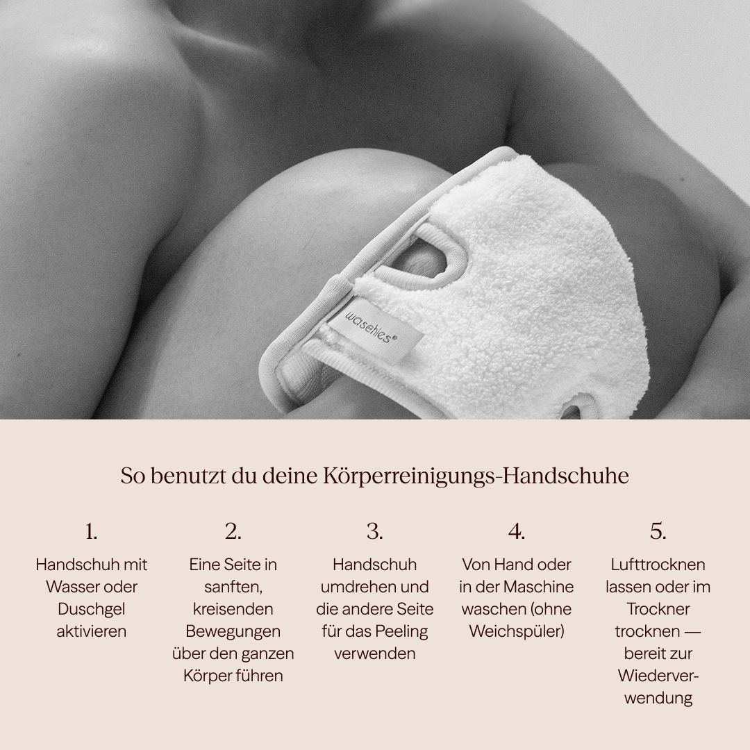 Person hält einen weißen Waschies-Handschuh. Der Handschuh hat eine Öffnung für den Daumen. Text: So benutzt du deine Körperreinigungs-Handschuhe.