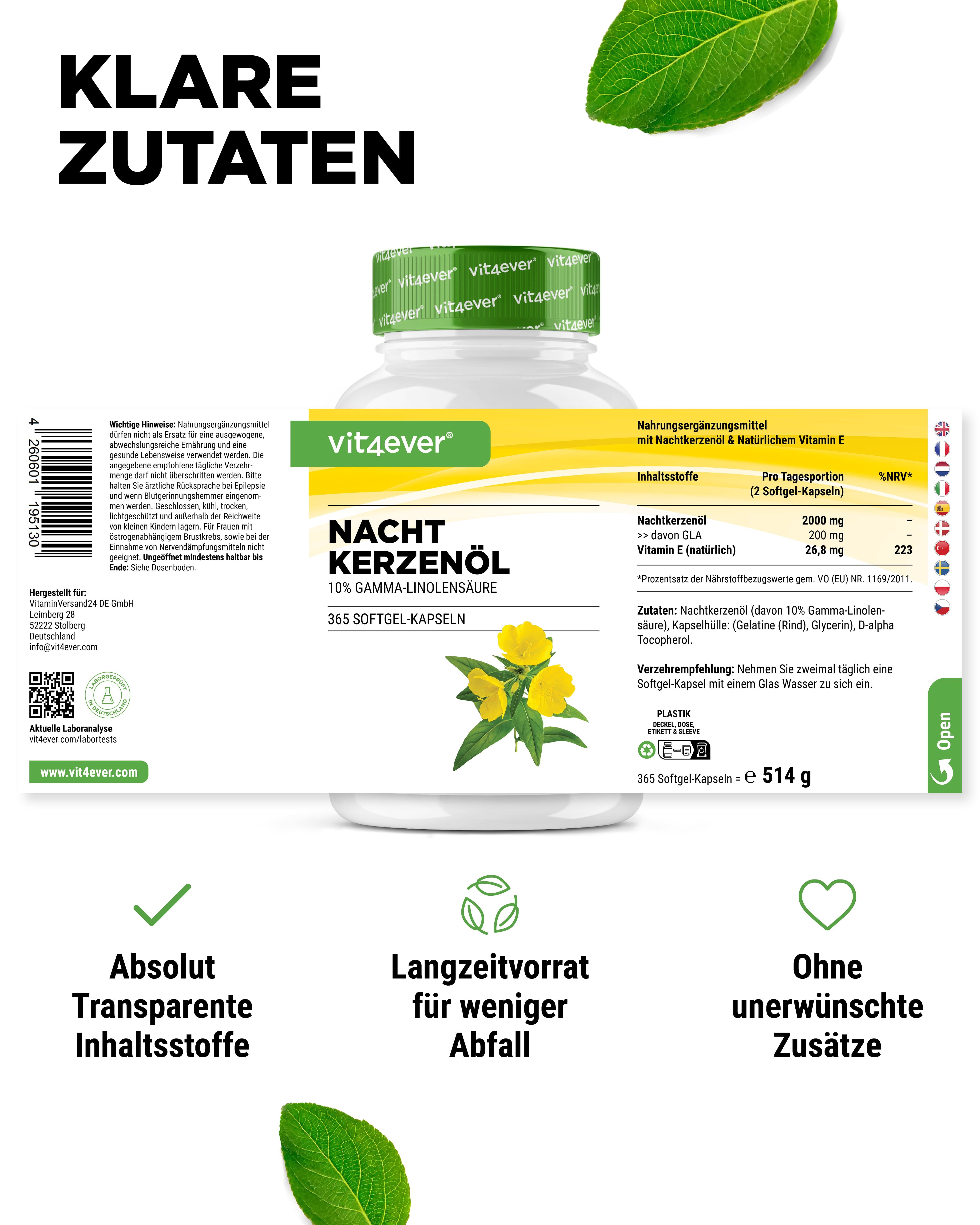 Flasche "vit4ever Nachtkerzenöl" mit Etikett. Text: "Nachtkerzenöl". Grün-weiße Verpackung. Zusätzliche Informationen.
