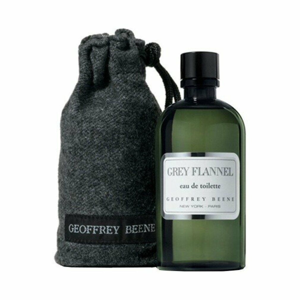 Grauer Flakon mit Etikett "Grey Flannel eau de toilette" und Beutel mit Logo "Geoffrey Beene".