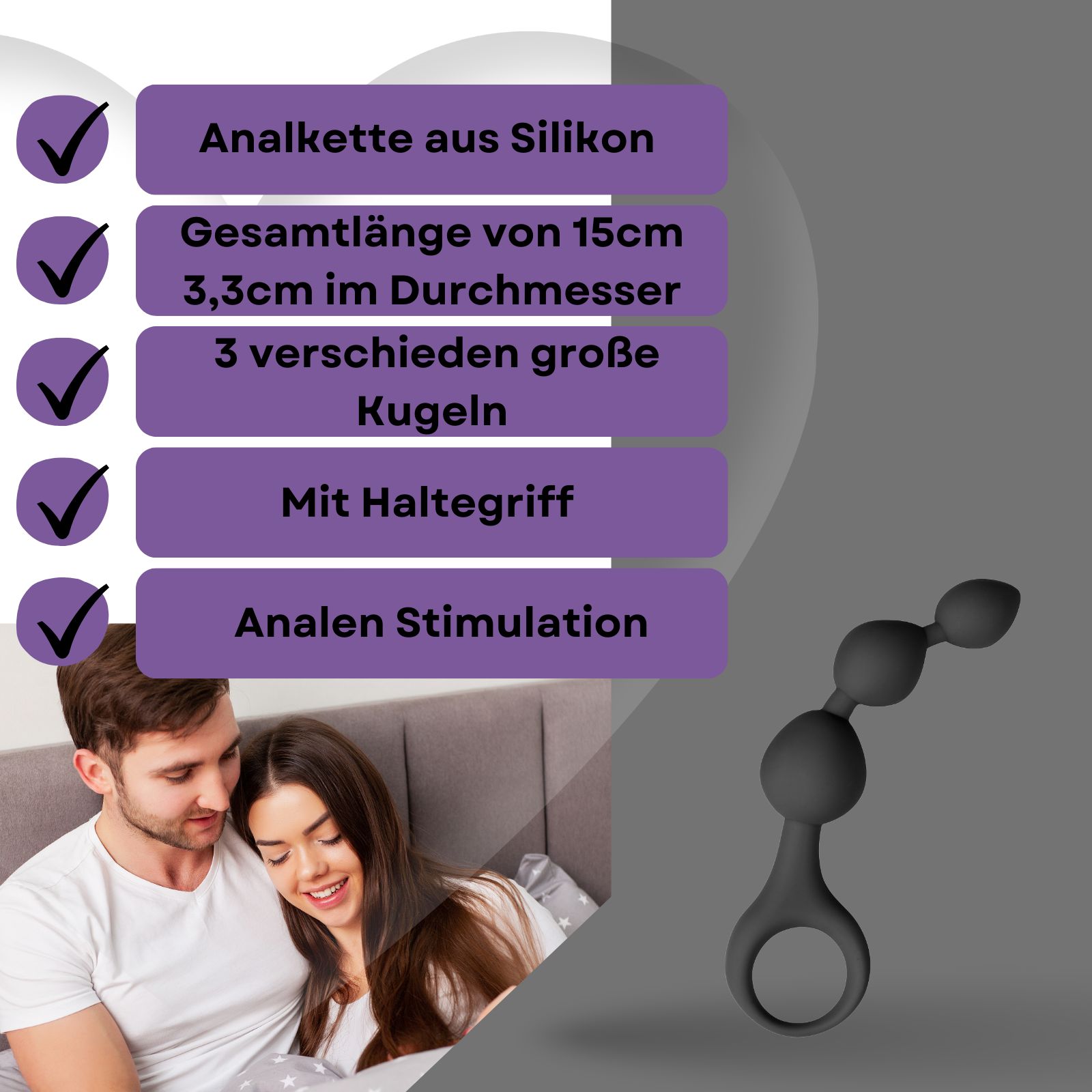 Produktabbildung mit Text: Analkette aus Silikon, 15cm lang, 3 Kugeln, mit Haltegriff. Paar im Bett.