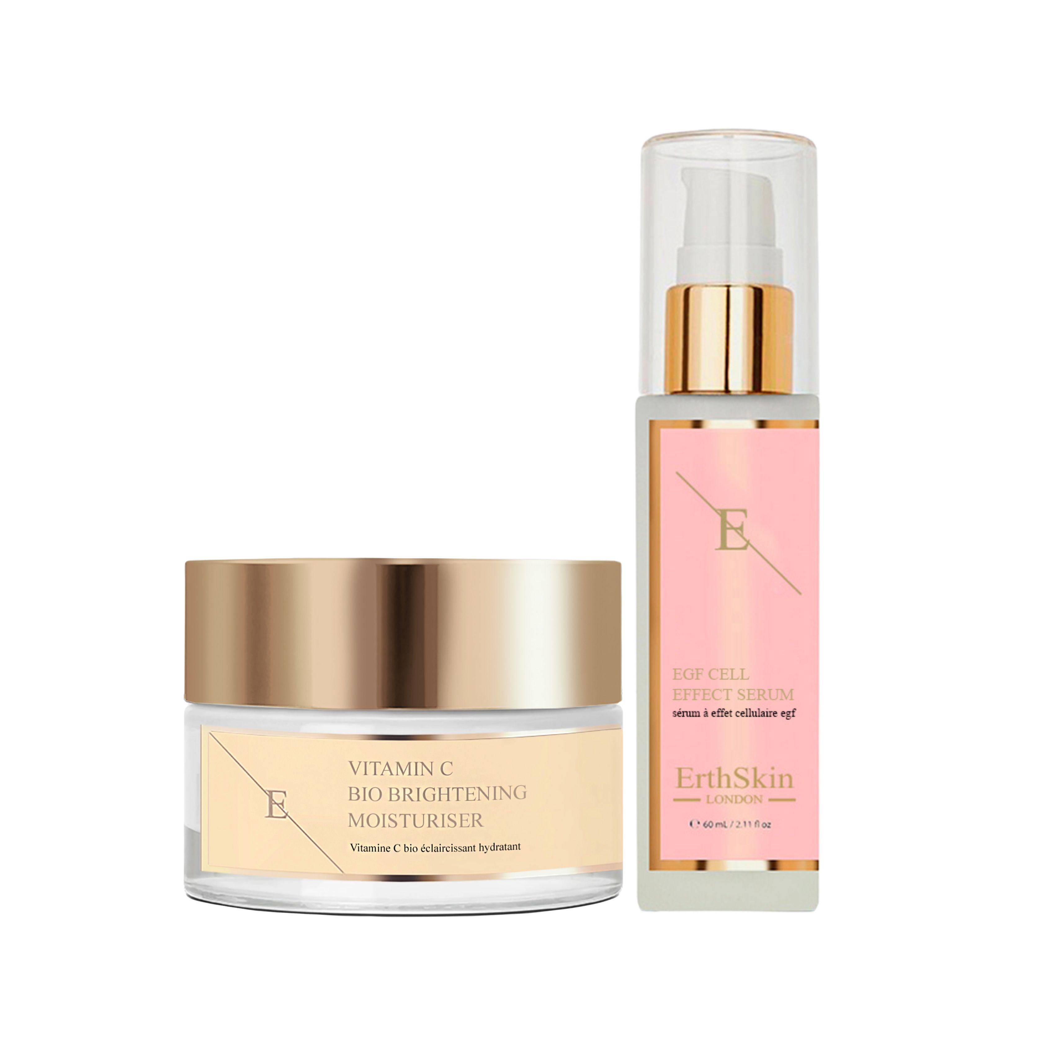 Zwei Kosmetikprodukte: Creme-Tiegel und Serum-Flasche. Goldfarbene Deckel und Aufschriften. "Vitamin C Bio Brightening Moisturiser" und "EGF CELL EFFECT SERUM".