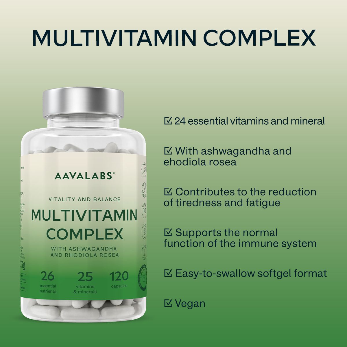 Flasche mit weißen Kapseln. Aufschrift: MULTIVITAMIN COMPLEX. 24 Vitamine und Mineralien. Mit Ashwagandha und Rhodiola Rosea.