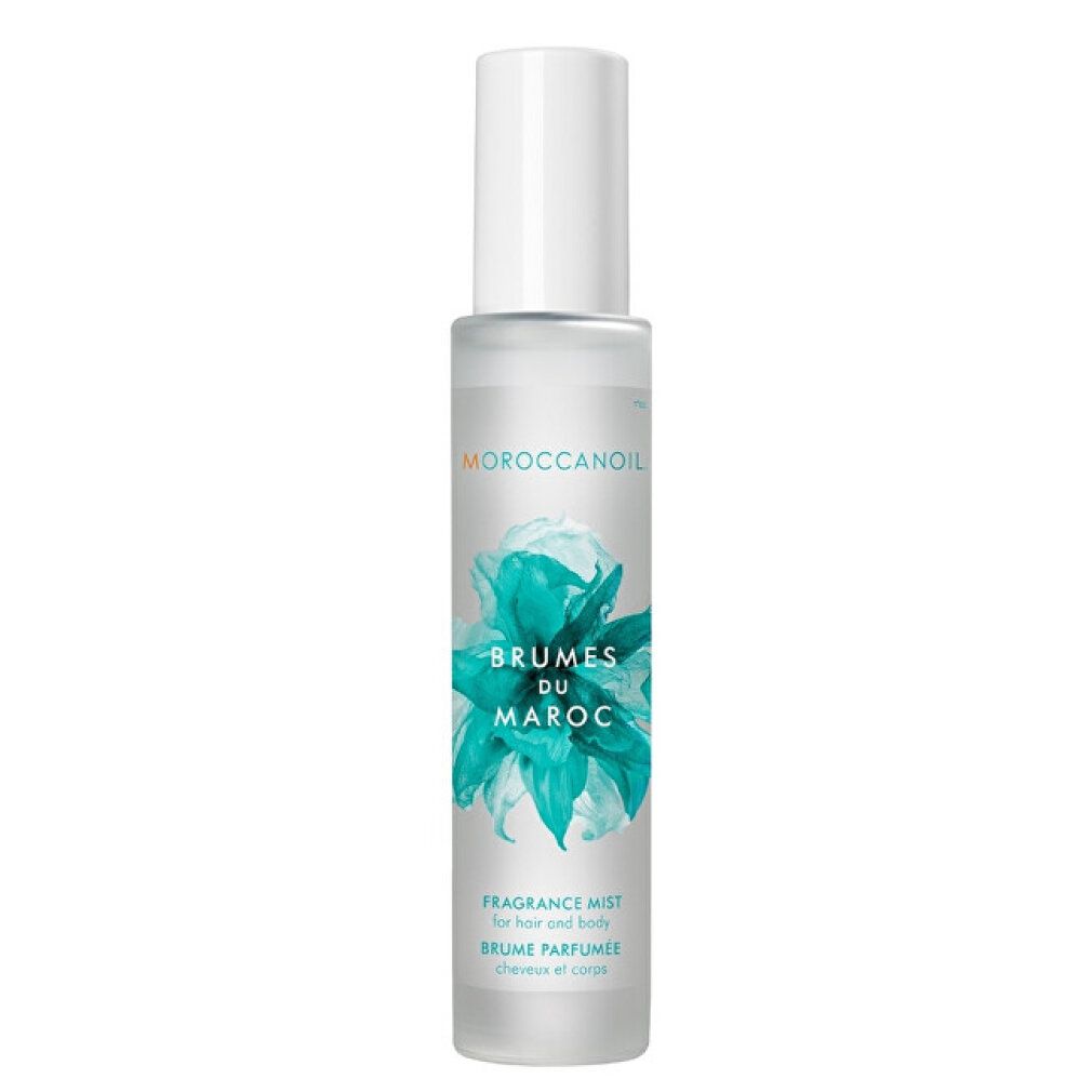 Hohe, zylindrische Flasche mit weißem Deckel. Aufschrift: Moroccanoil, Brumes du Maroc, Fragrance Mist.