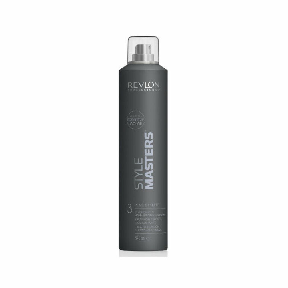 Graue Sprühflasche mit weißem Sprühkopf. Aufschrift: Revlon Professional, Style Masters, Pure Styler, Strong Hold. Enthält 325 ml.