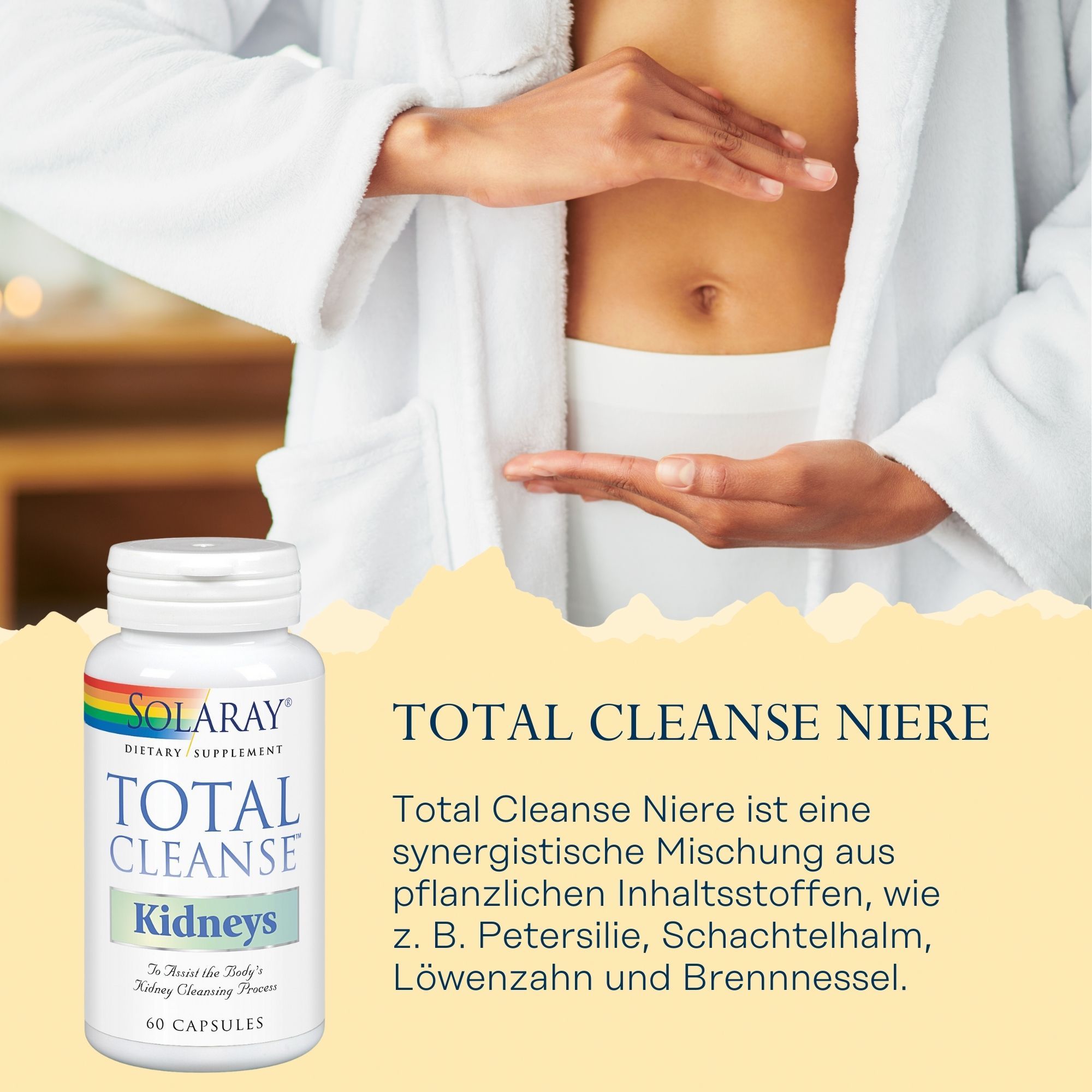 Weiße Flasche Solaray Total Cleanse Niere. Aufschrift: Total Cleanse, Kidneys, 60 Kapseln. Person im Bademantel, Hände am Bauch.