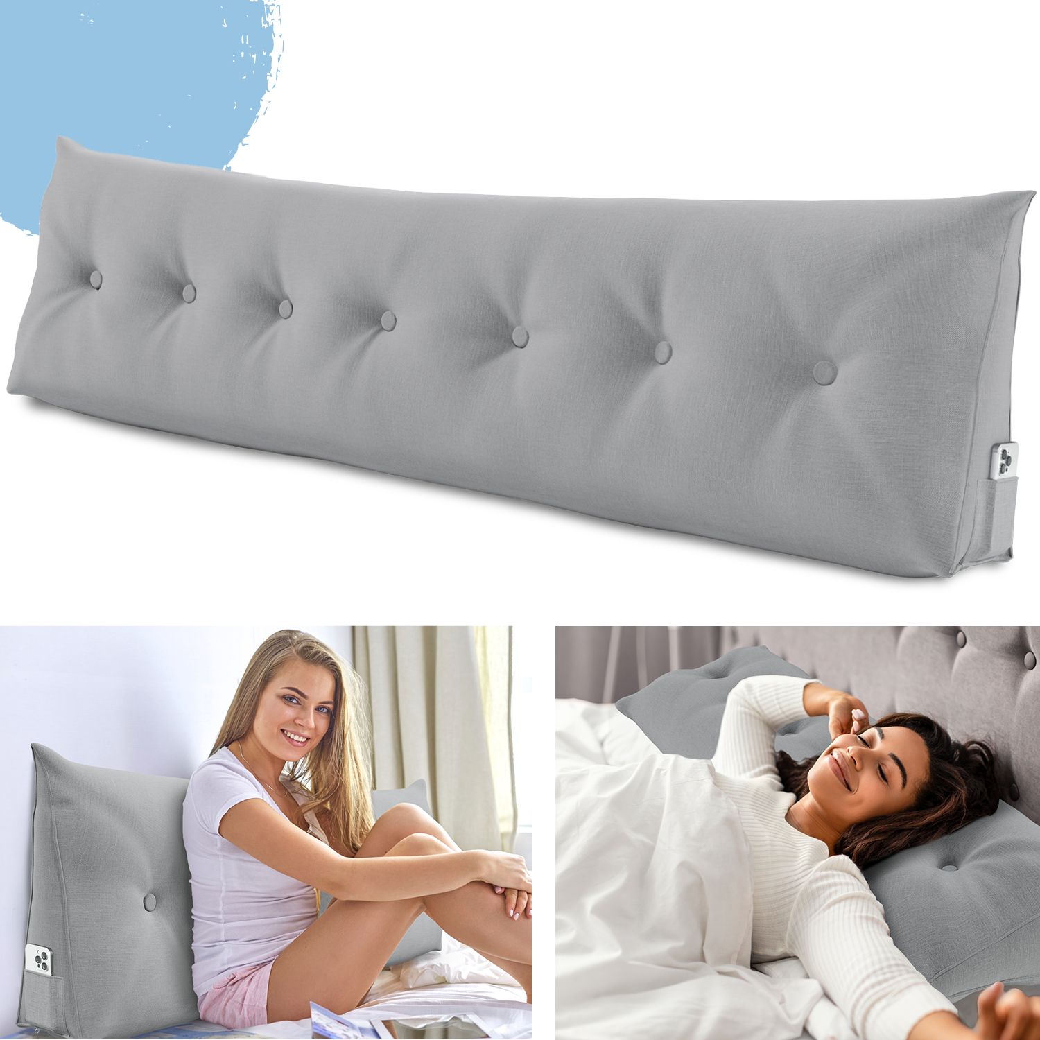 Graues Stützkissen mit Knöpfen. Frau sitzt und liest. Frau liegt im Bett. Dreieckige Form. Mit Tasche.