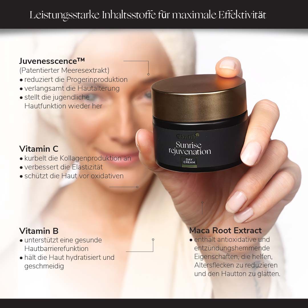 Frau hält Tiegel. Text: Leistungsstarke Inhaltsstoffe für maximale Effektivität. Produkt: Biostile Sunrise Rejuvenation.