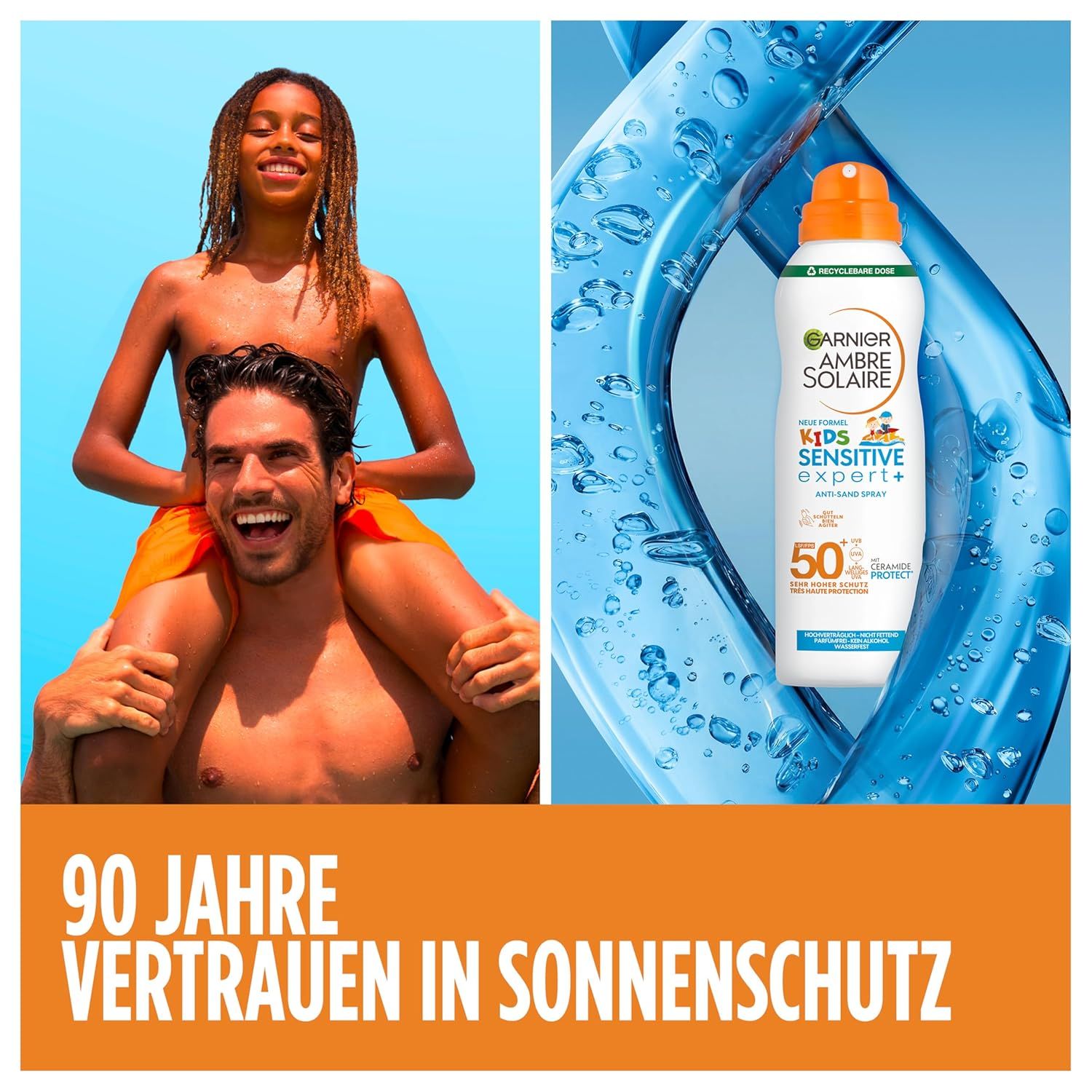 Zwei Personen, eine Sprayflasche. Text: 90 Jahre Vertrauen in Sonnenschutz. Produkt: Garnier Ambre Solaire Kids Sensitive Expert+.