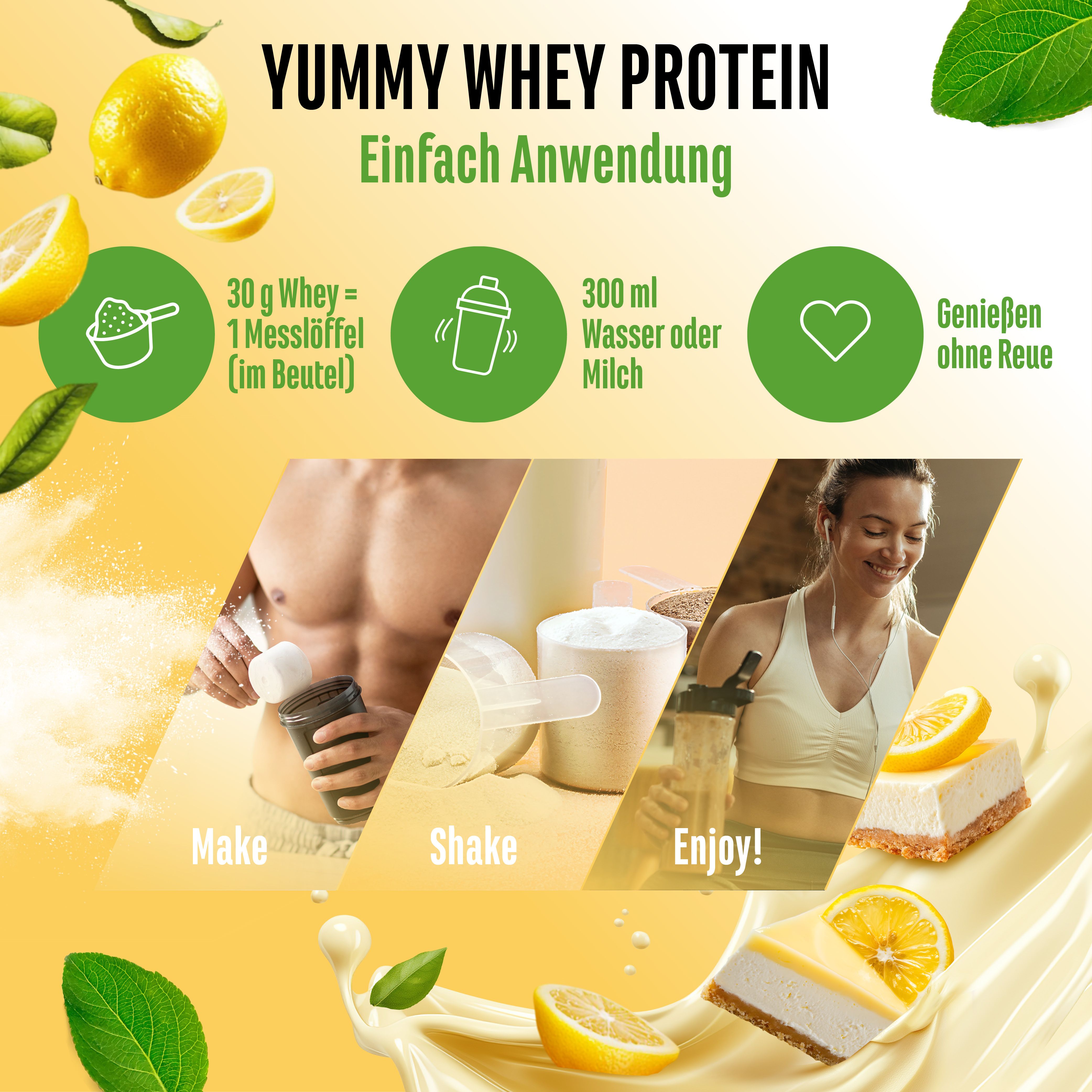 Anwendungshinweise für "vit4ever Yummy Whey Protein". Messlöffel, Shaker, Wasser/Milch, und eine Frau, die das Getränk genießt.