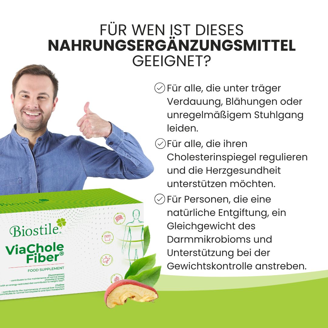 Mann gibt Daumen hoch neben Biostile ViaChole Fiber Verpackung, Text über Eignung für Verdauung, Cholesterin und Gewichtsmanagement.
