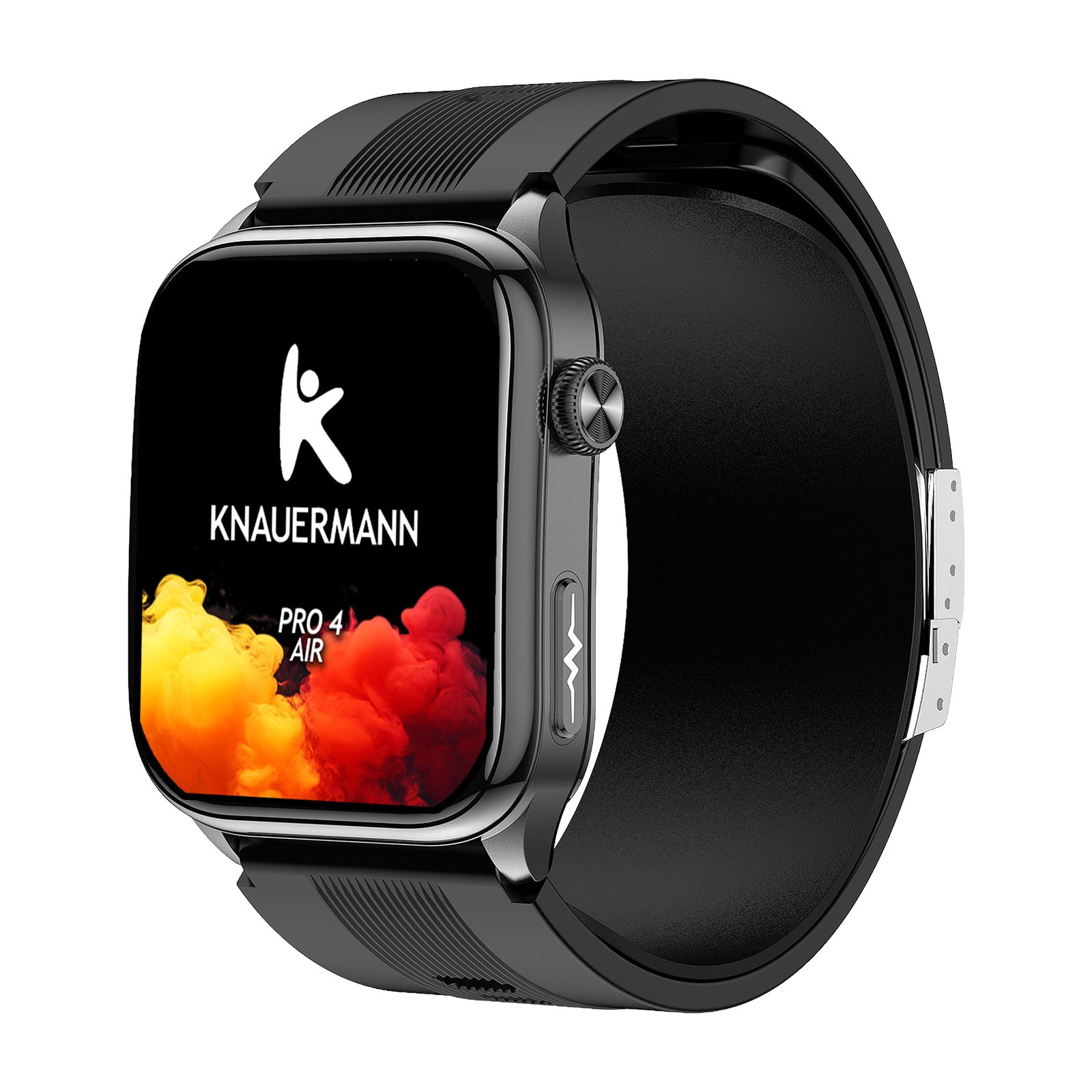 Senioren-Smartwatch Knauermann PRO 4 AIR mit schwarzem Armband. Logo und Produktname auf dem Display.