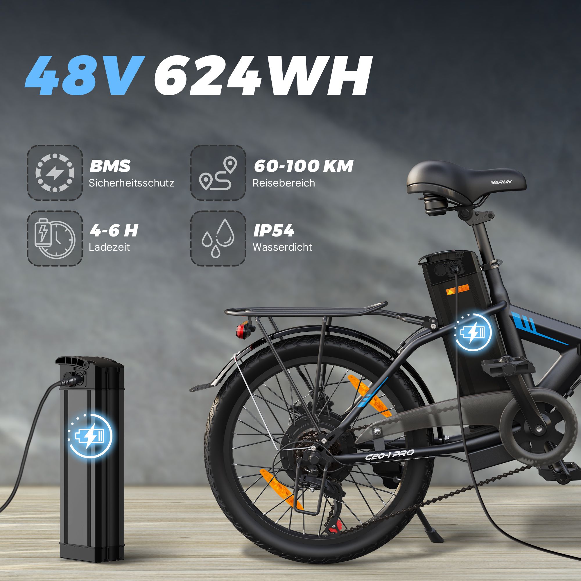 VARUN C20-1 PRO Faltbares E-Bike, 48 V, 13 Ah
