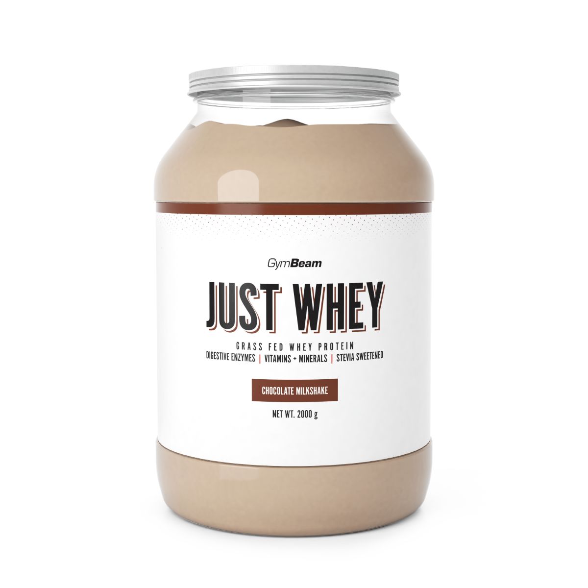 Großer Behälter mit Schokoladenmilchshake-Pulver, "Just Whey" Aufschrift.