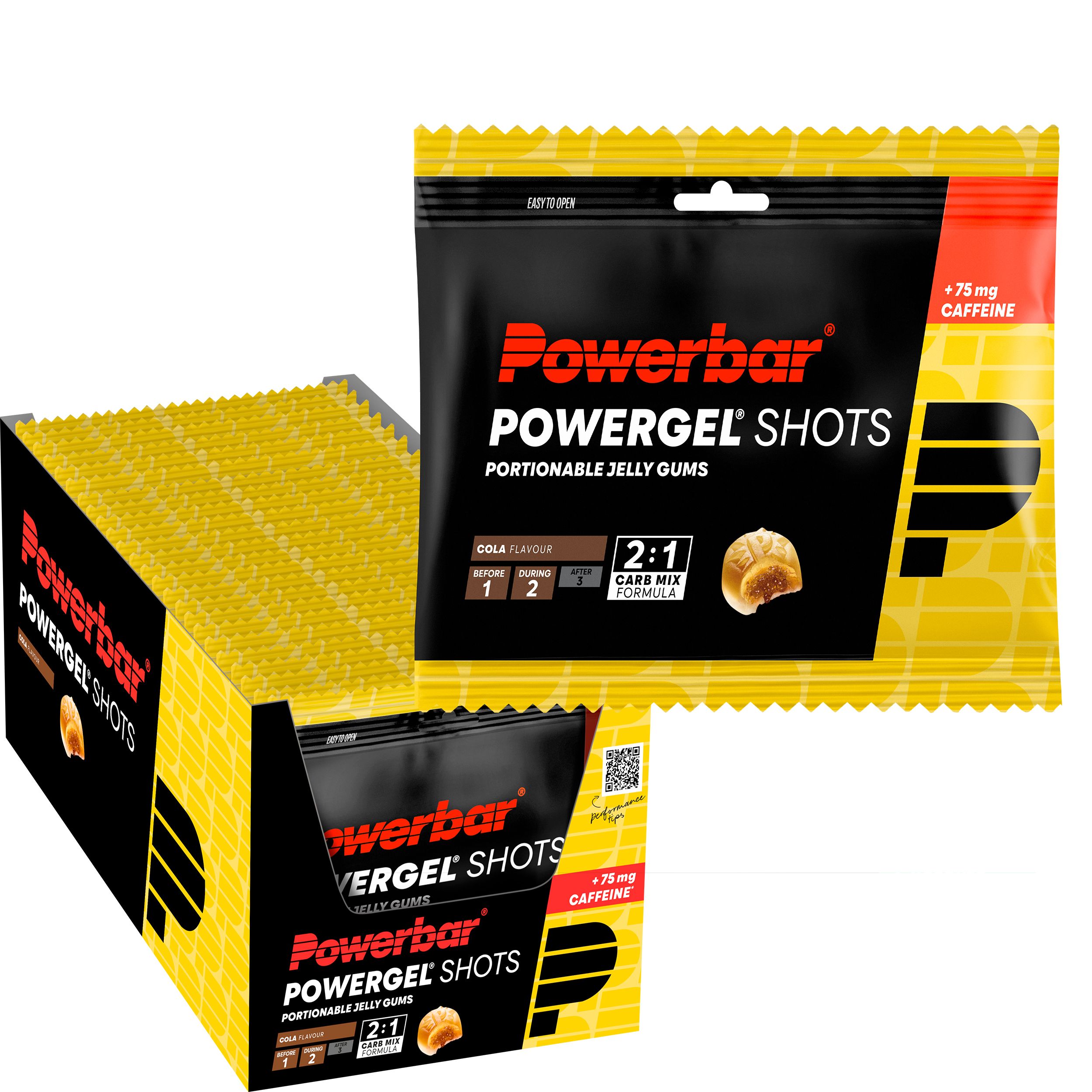 Powerbar PowerGel Shots Cola-Packungen in einer Box. Gelb und schwarz. Enthält 75 mg Koffein. Portionierbare Geleebonbons mit 2:1 Carb Mix Formel.
