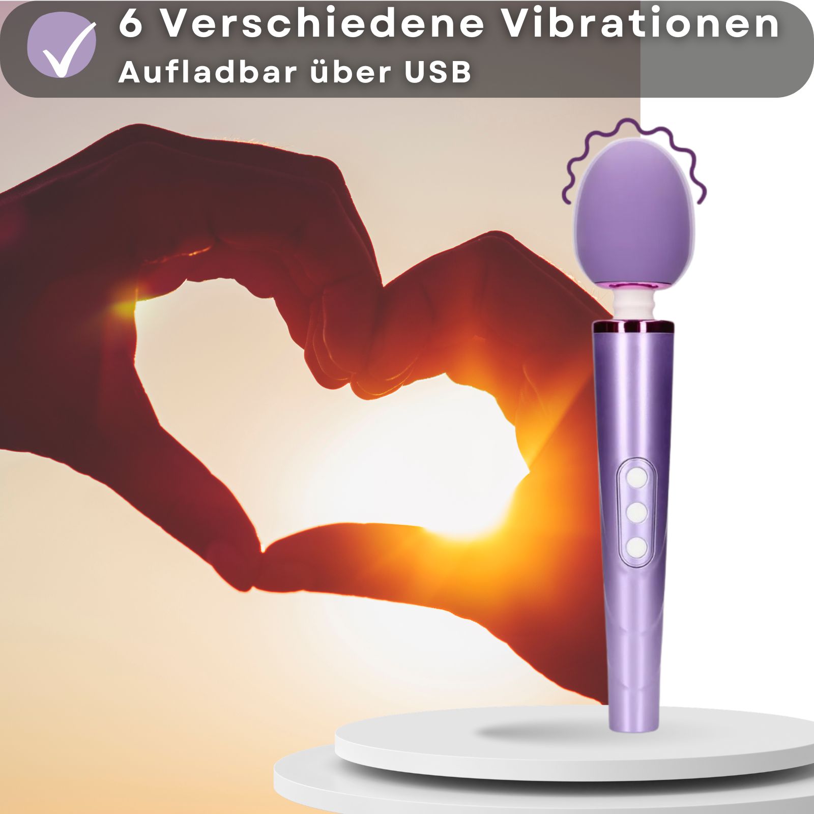 Lila Stabvibrator. Text: 6 Vibrationen, USB-Aufladung. Hände im Vordergrund.